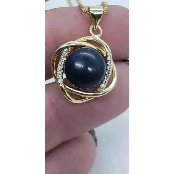 Large Black Pearl Necklace 18K Gold GP Genuine Pendant CZ Accent Box Chain - Picture 6 of 10